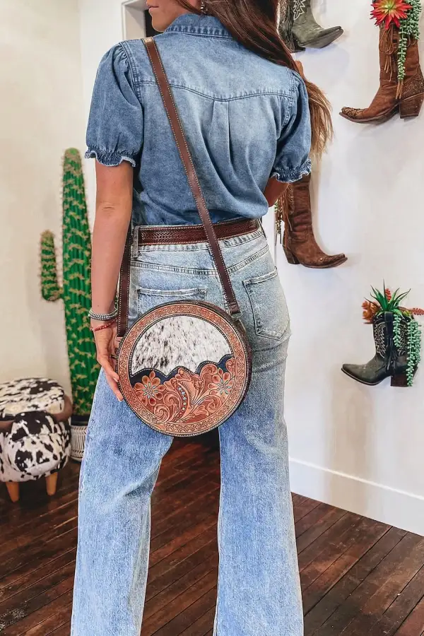 Women's Denim Short Sleeve Frilled Blouse