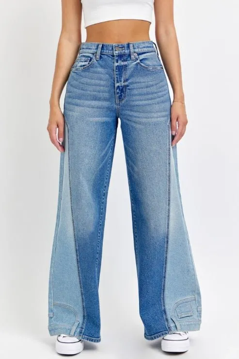 Two Tone High Rise Wide Leg Jeans