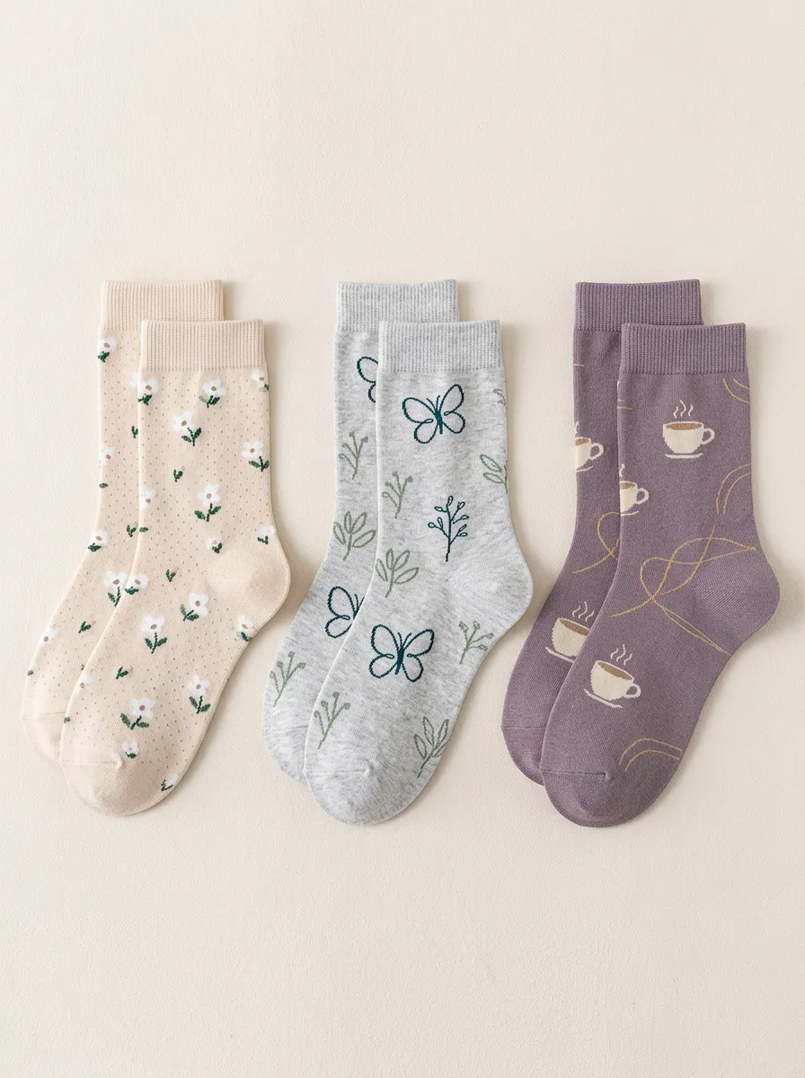Women's Floral Butterfly Coffee Crew Sock Set
