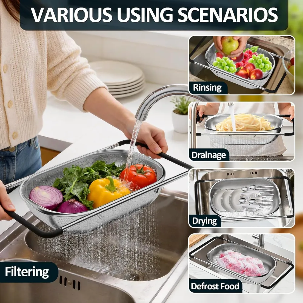 Expandable Fine‑Mesh Sink Strainer Basket with Rubber Handles, Sink Filter Basket for Vegetables, Fruits, Pasta, Must‑Have for Home Kitchen