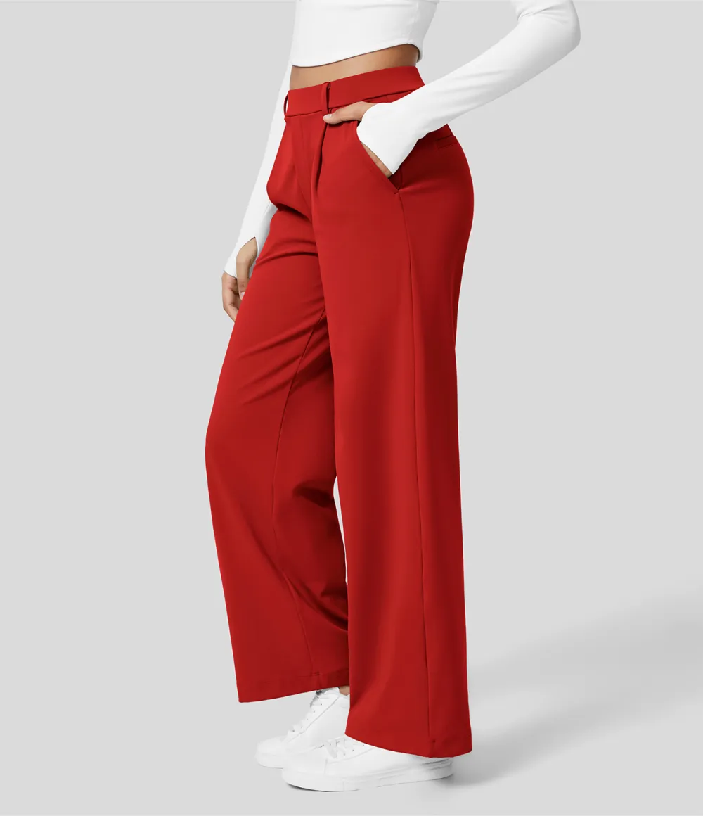 2026🔥  High Waisted Plicated Side Pocket Straight Leg Work Pants