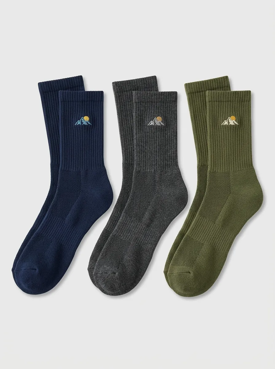 Men's Three-Pair Mountain Embroidered Textured Crew Sock Set