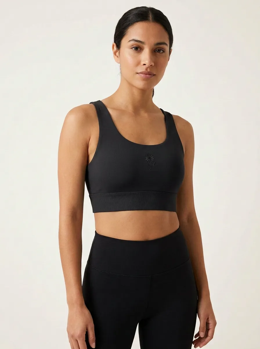 Women's Floral-Embroidered Scoop-Neck Ribbed Sports Bra