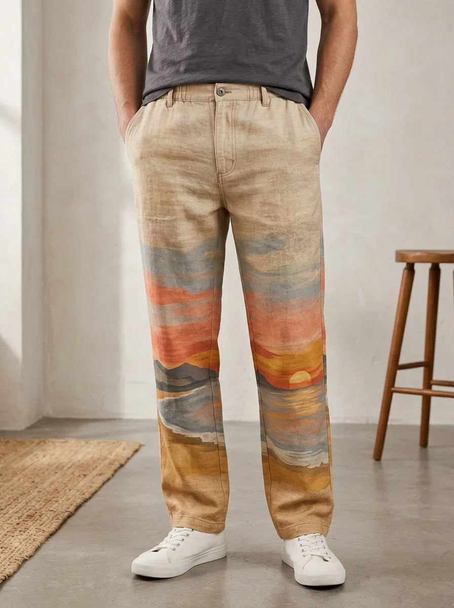 Men's Belted Landscape Print Casual Trousers