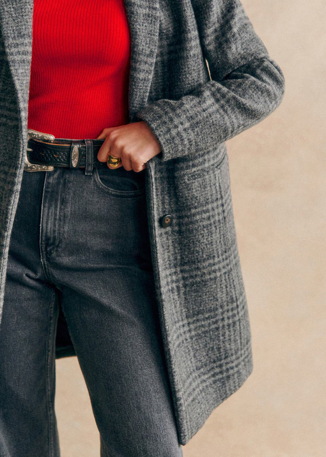 Mid-length Grey Checked Coat