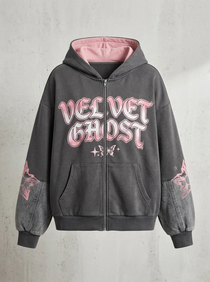 Women's Streetwear Velvet Ghost Butterfly Printed Zip-up Hoodie