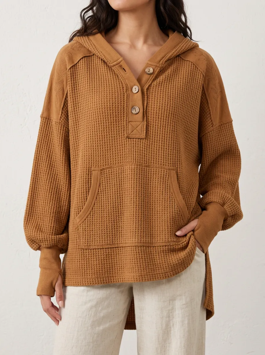 Women's Casual Brown Waffle Knit Button Hooded Top