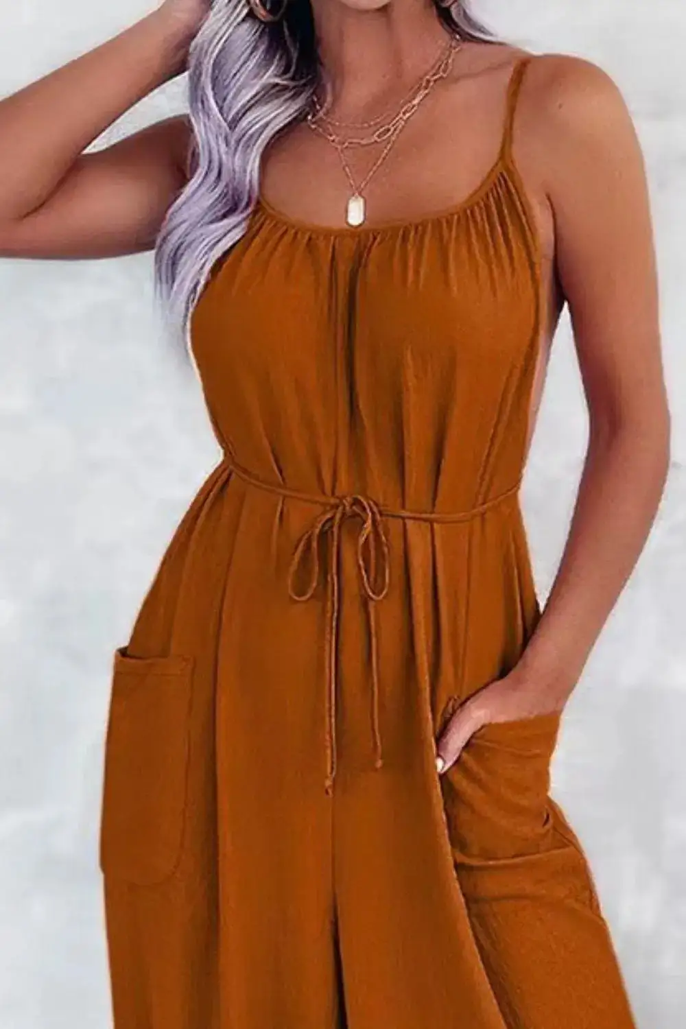 Casual Spaghetti Strap Wide Leg Jumpsuit Accessory