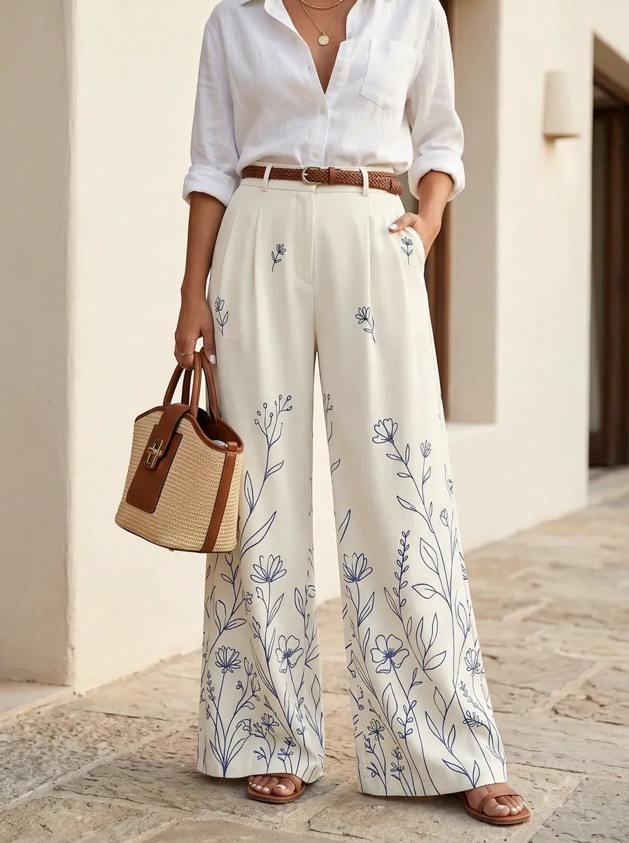 Women's Off-White Floral Embroidered Blue High-Waisted Wide-Leg Trousers