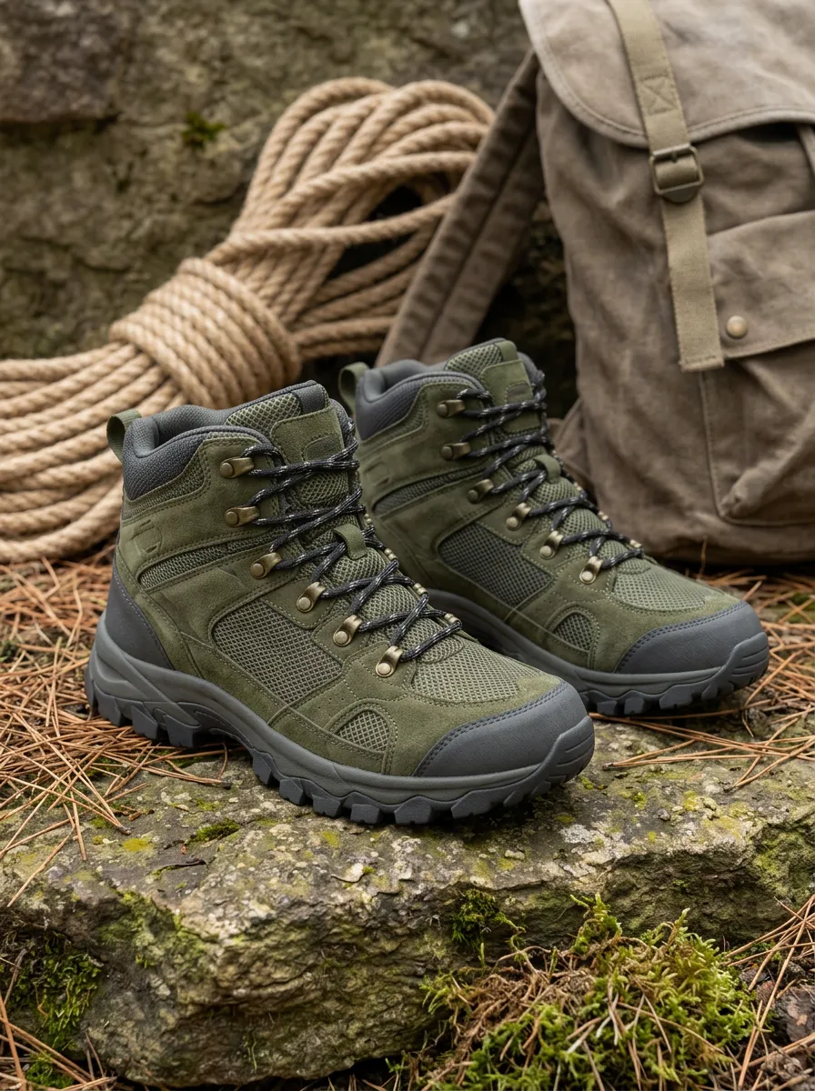 Unisex Explorer Outdoor Hiking Olive Green Suede Printed Boots