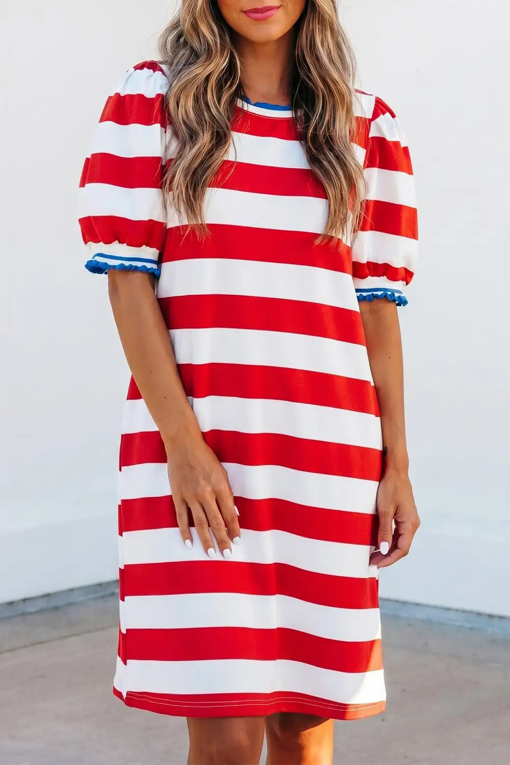 Women's Striped Round Neck Puff Sleeve Shift Mini Dress