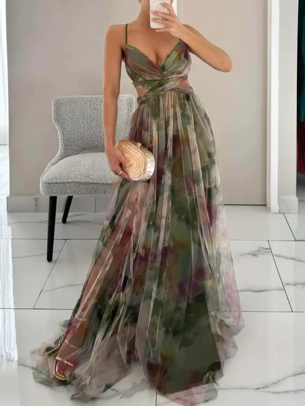 Painted Floral Print V Maxi Dress