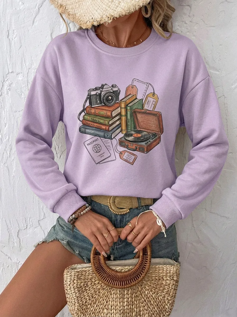 Women's Travel Book Camera Record Player Graphic Sweatshirt