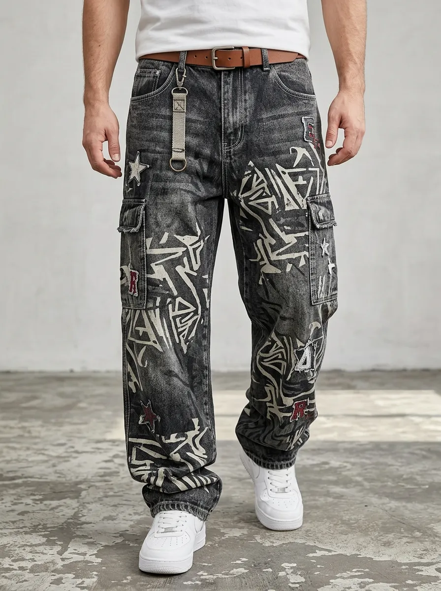 Unisex Urban Streetwear Graffiti Star Cargo Jeans