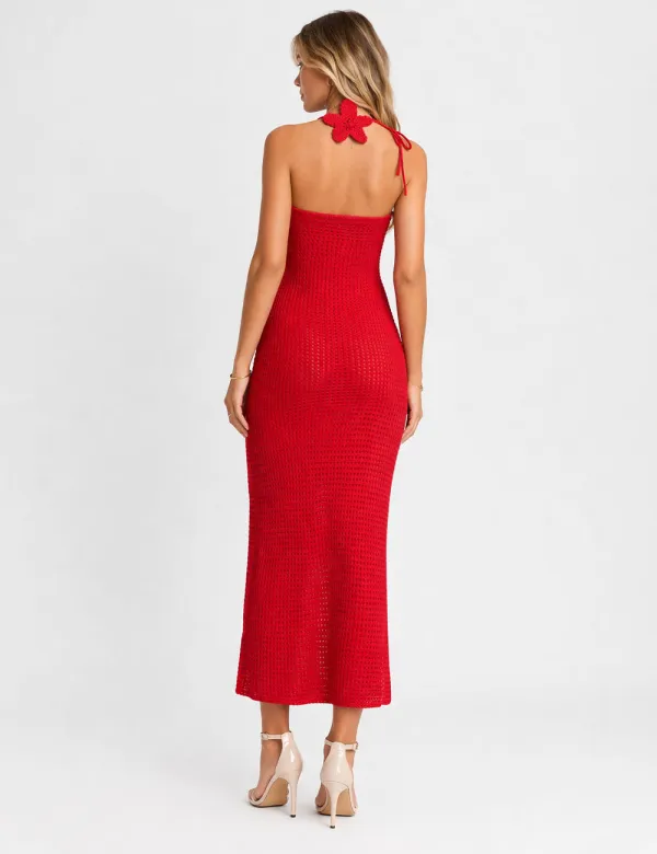 Crochet Applique Halter Bodycon Midi Dress