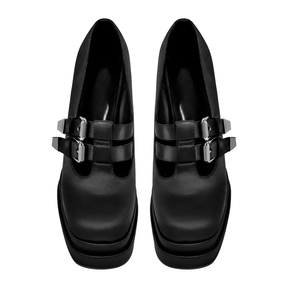 Square Toe Platform Chunky Heel Buckle Strap Pumps