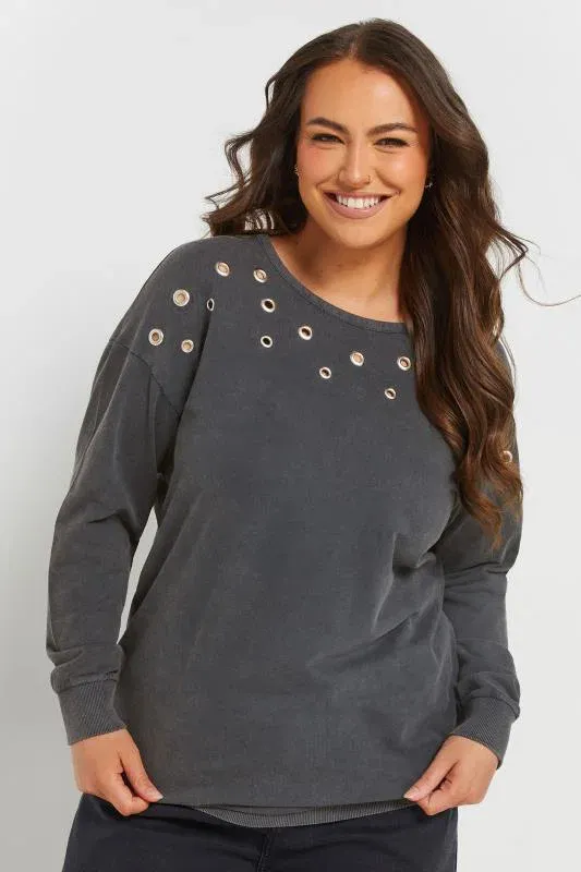 Grey Acid Wash Eyelet Sweatshirt