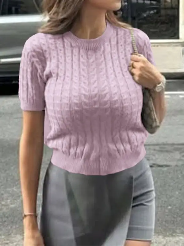Paneled Round Neck Short Sleeve Pullover Sweater