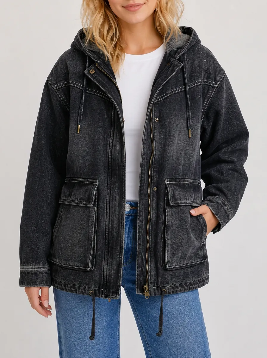 Women's Casual Vintage Black Washed Hooded Denim Jacket
