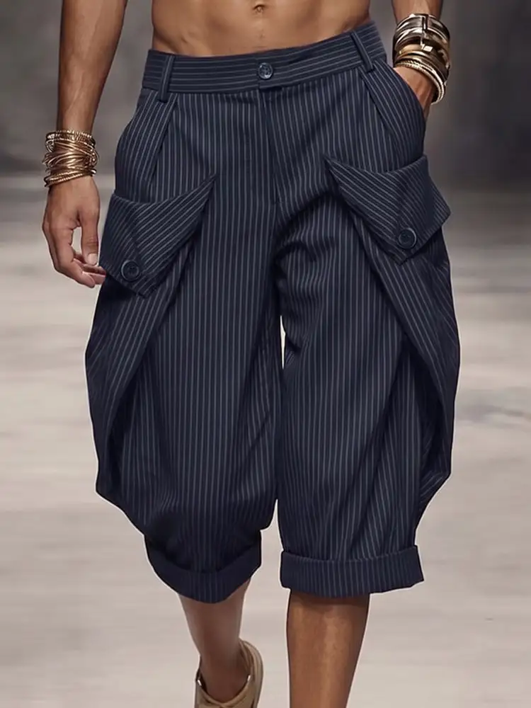 Casual Pinstripe Rolled Hem Cargo Shorts