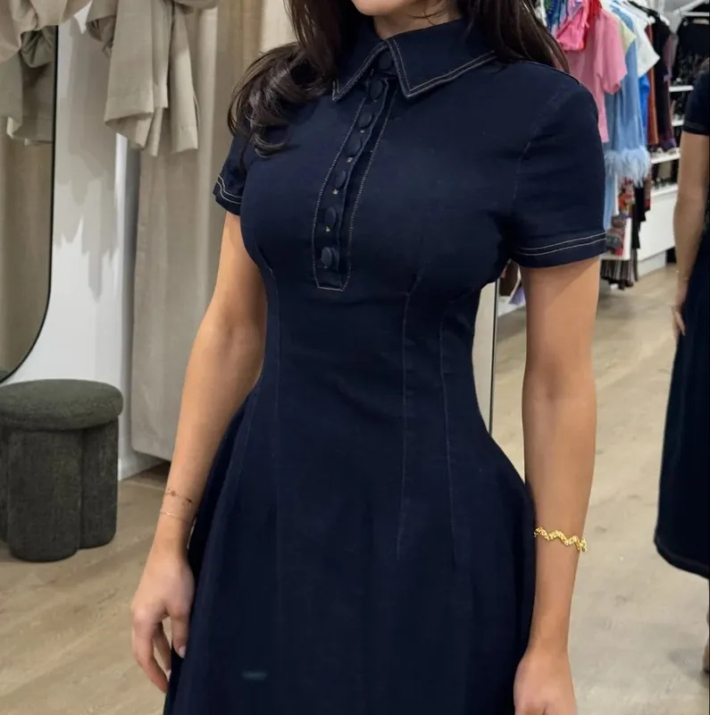 Dark Blue Denim Collared Midi Dress