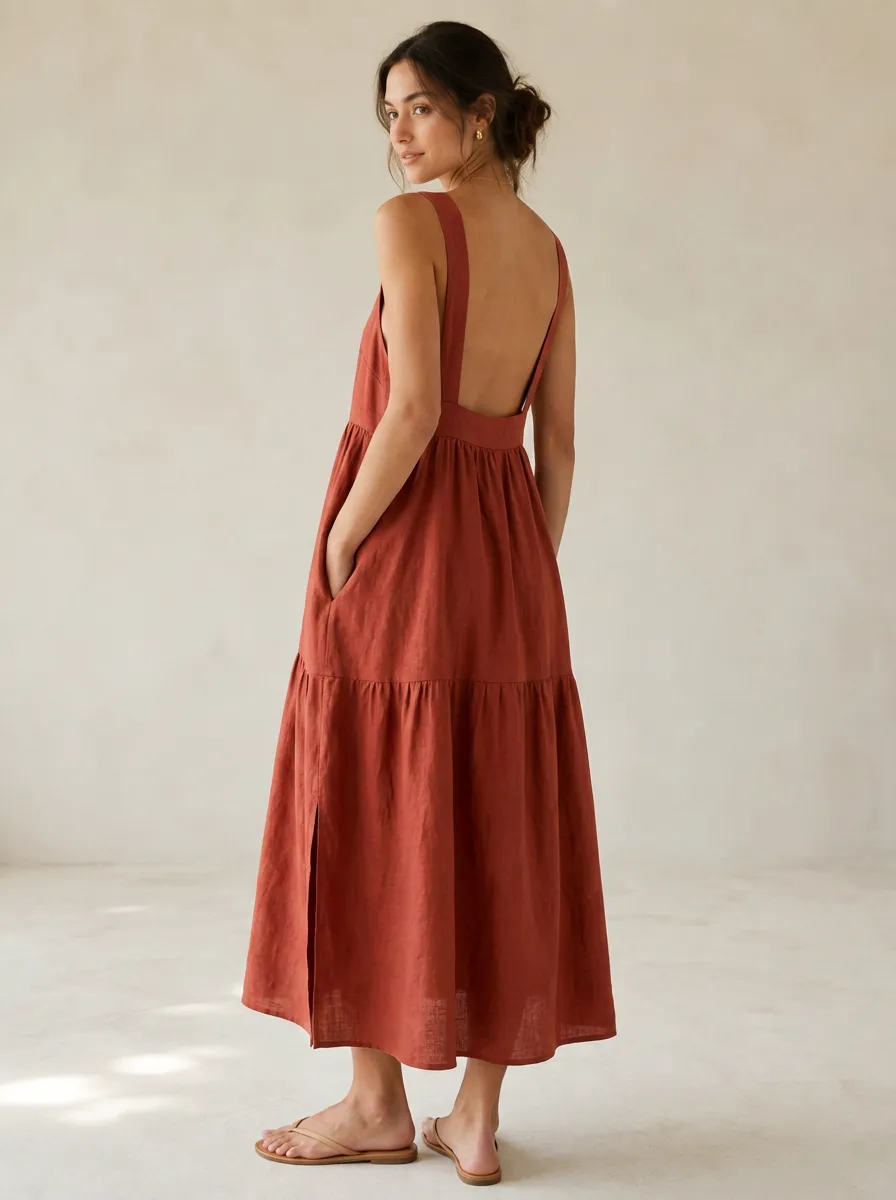 Women's Weekend-Ready Casual Tiered Linen Midi Backless Dress