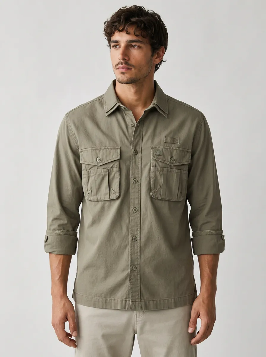 Men's Outdoor Casual Olive Green Cargo Pocket Button-up Shirt