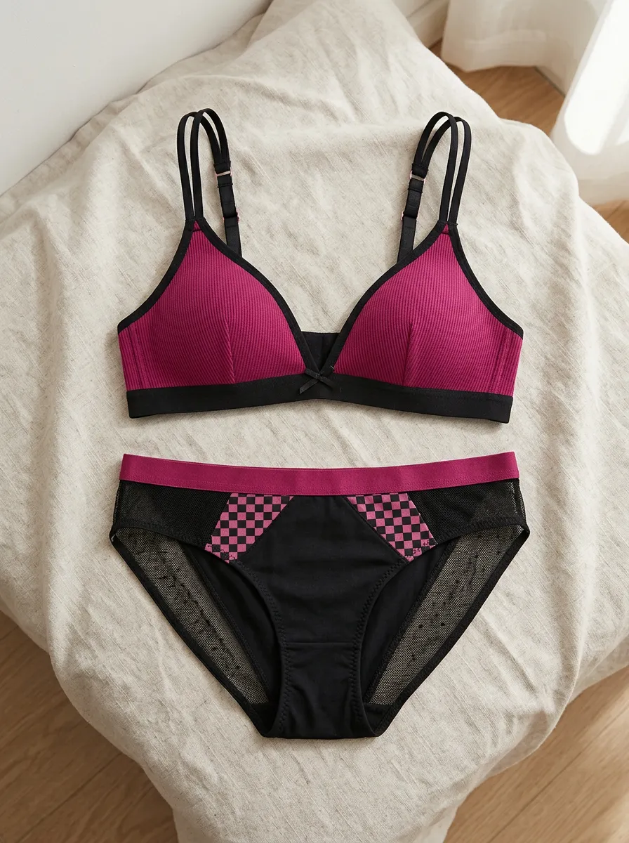 Women's Ribbed Checkered Mesh Magenta Lingerie Set