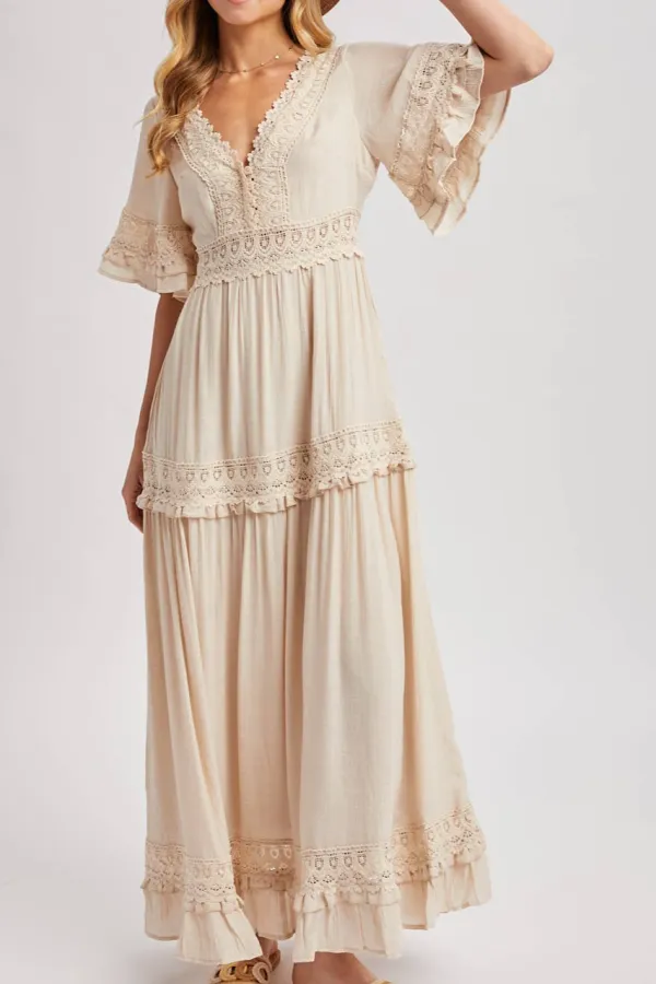 Lace Trim V Neck Women's Maxi Dress
