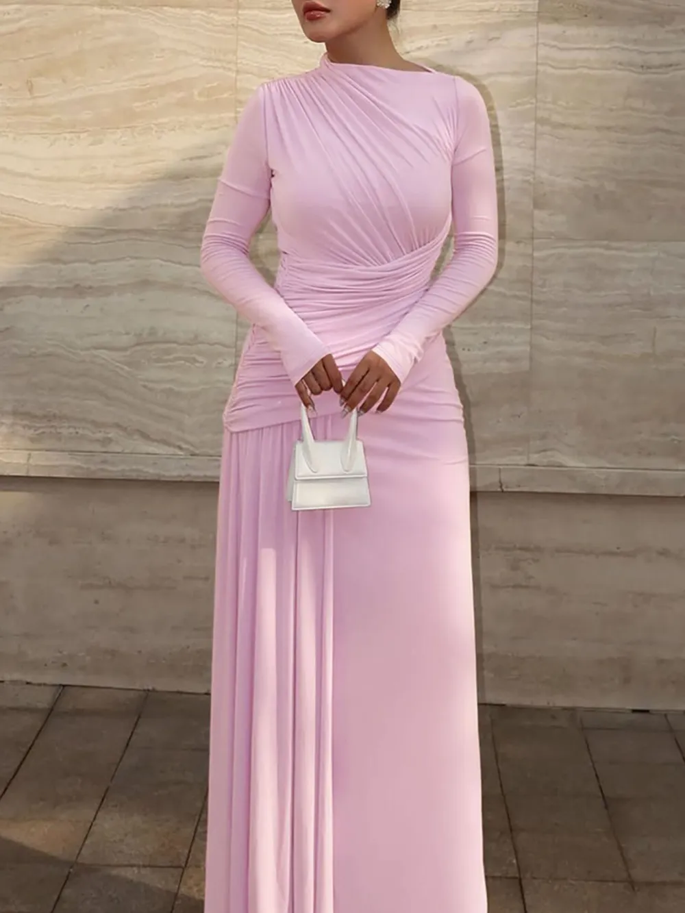 Layered Detail Ruched Long Sleeve Maxi Dress