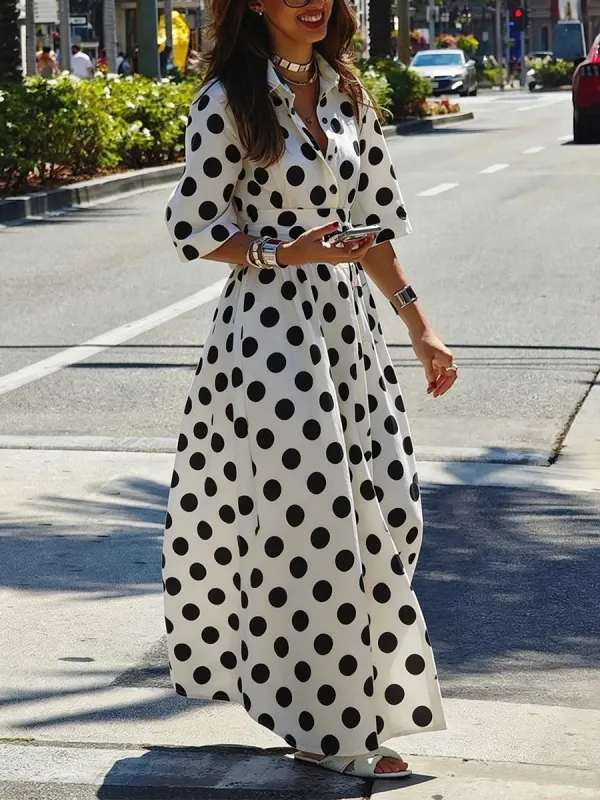 Polka Dot Buttoned Shirt Maxi Dress