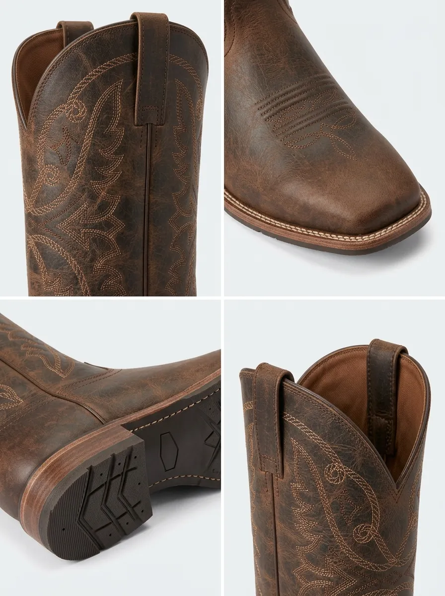 Men's Western Cowboy Embroidered Brown Leather Printed Western Boots