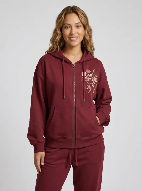 Women's Sage Green Floral Embroidered Drawstring Hood Zip-Up Hoodie Jacket & Jogger Set