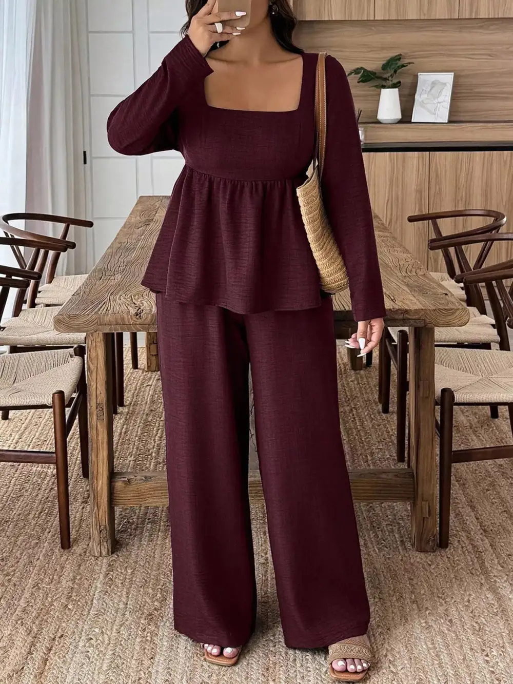 Plus Size Square Neck Long Sleeve Top and Pants