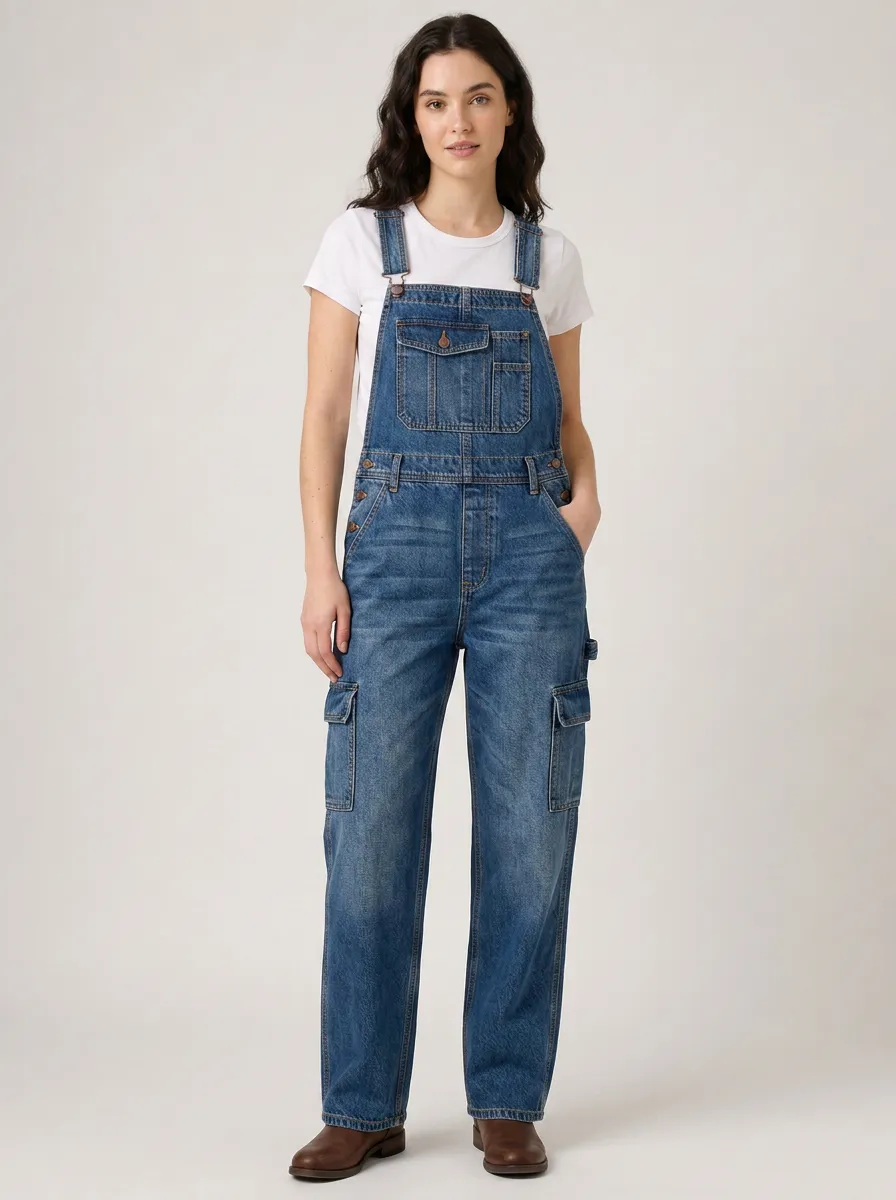 Women's Casual Vintage Cargo Denim Overalls