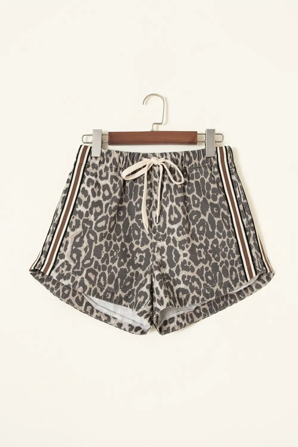 Drawstring Leopard-Print Striped Patchwork Denim Shorts
