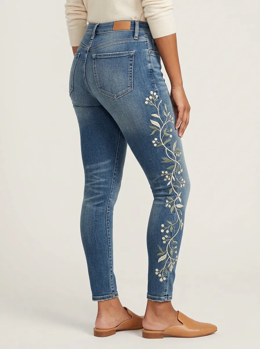 Women's Floral Botanical Vine Embroidered Printed Slim Jeans