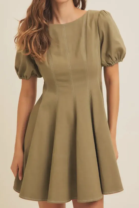 Olive Puff Sleeve Cotton Twill Mini Dress