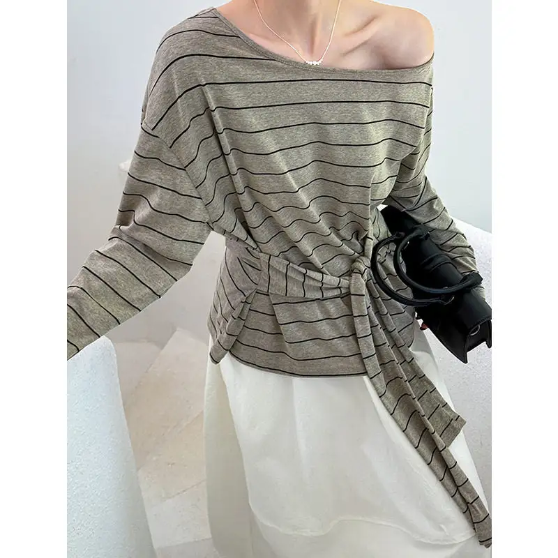Off Shoulder Long Sleeve Tie Striped T-Shirt
