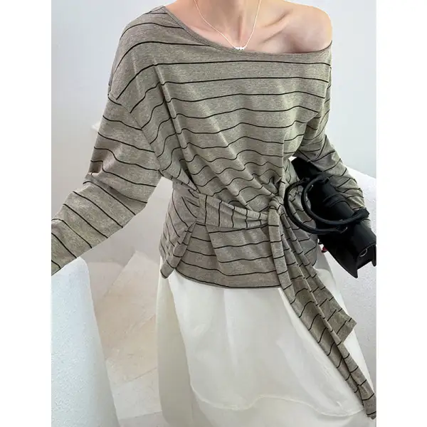 Off Shoulder Long Sleeve Tie Striped T-Shirt