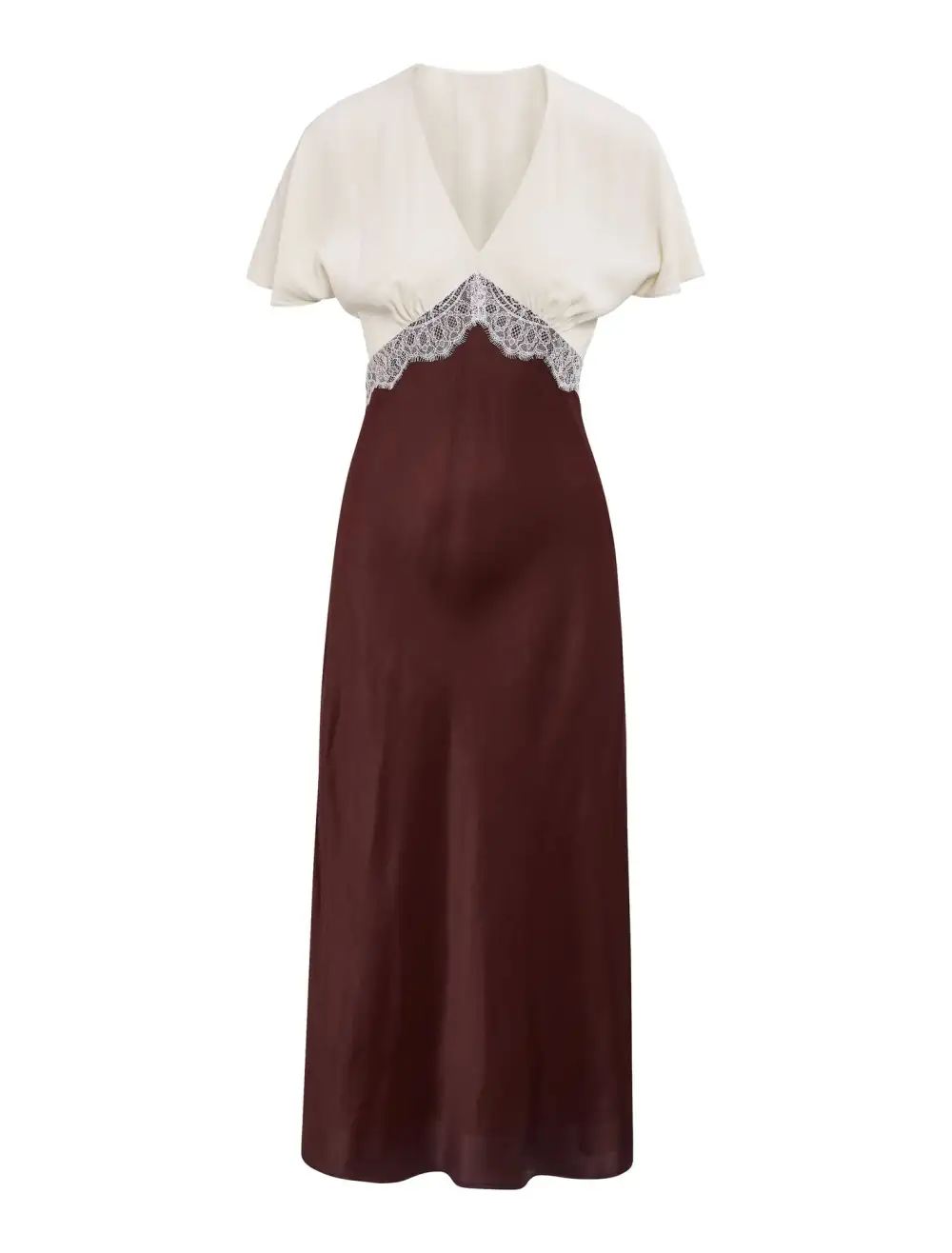 Burgundy Flutter Sleeve Satin Lace Midi Dress