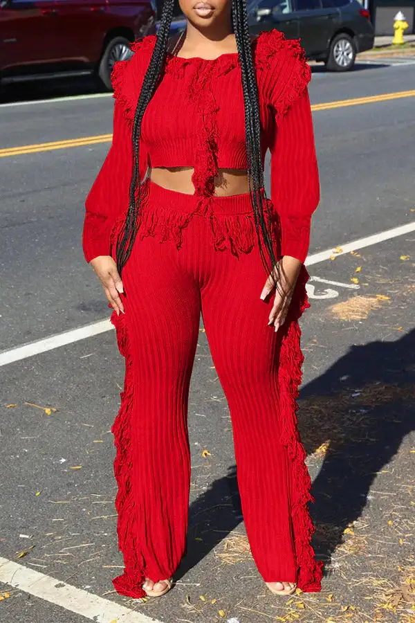 Solid Color Tassel Round Neck Pant Set