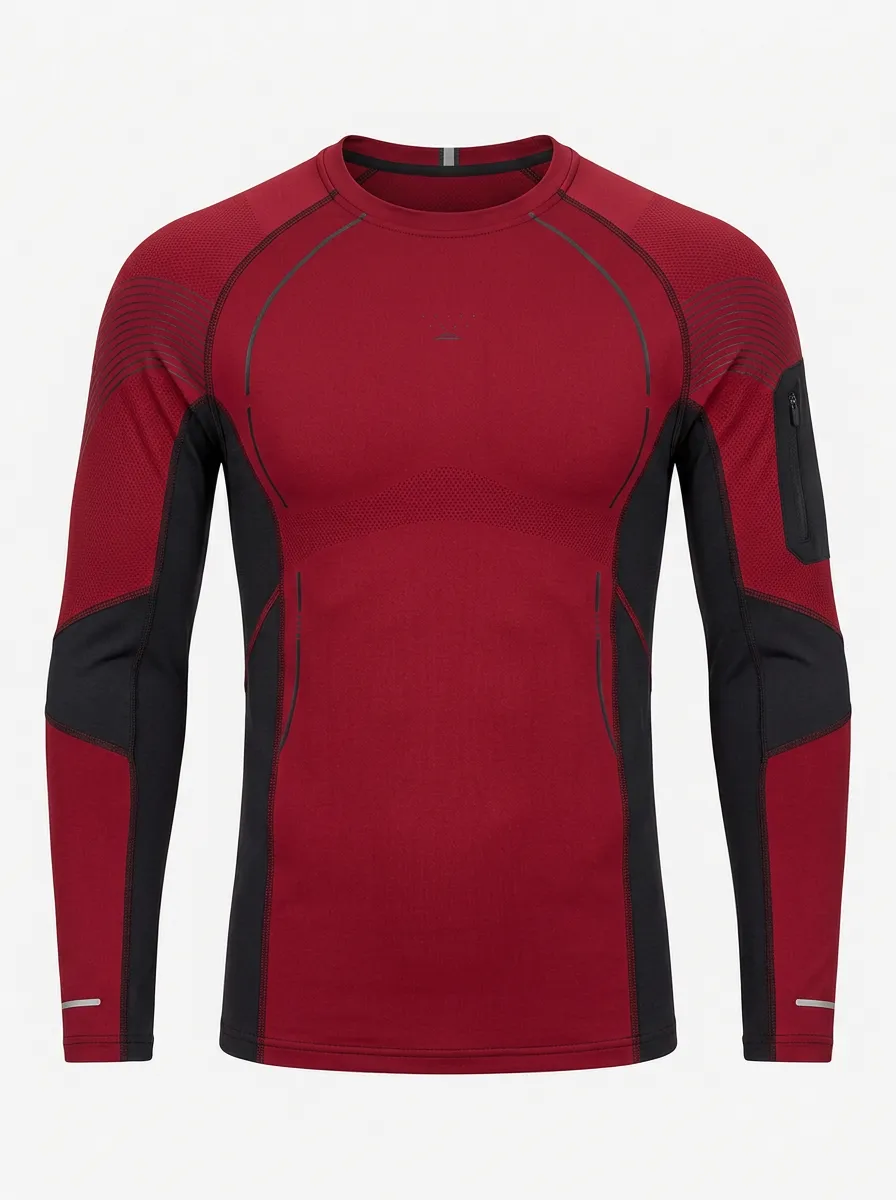 Men's Athletic Sports Performance Red Black Printed Long Sleeve Shirt