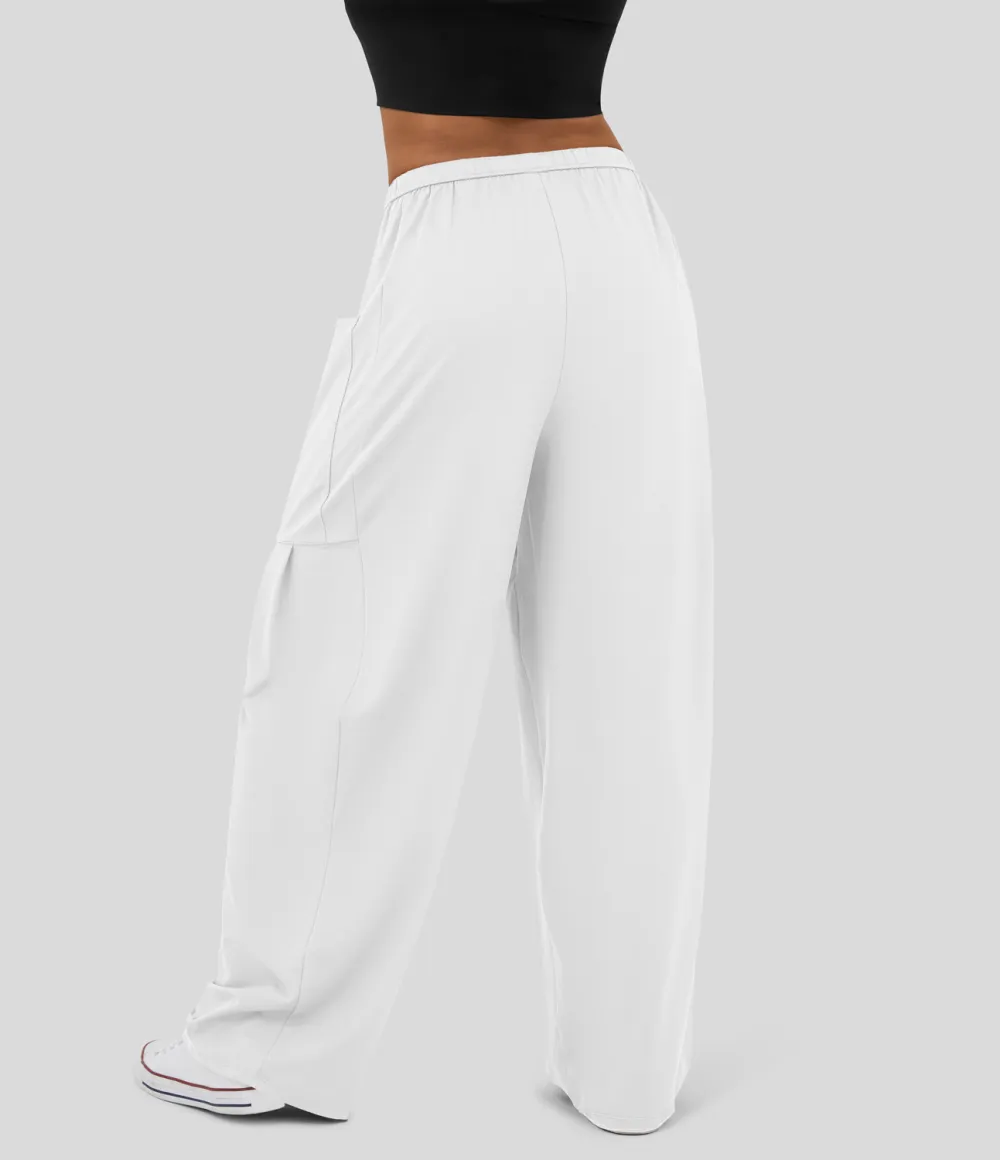 Mid Rise Elastic Waistband Drawstring Side Pocket Palazzo Flowy Wide Leg Casual Pants