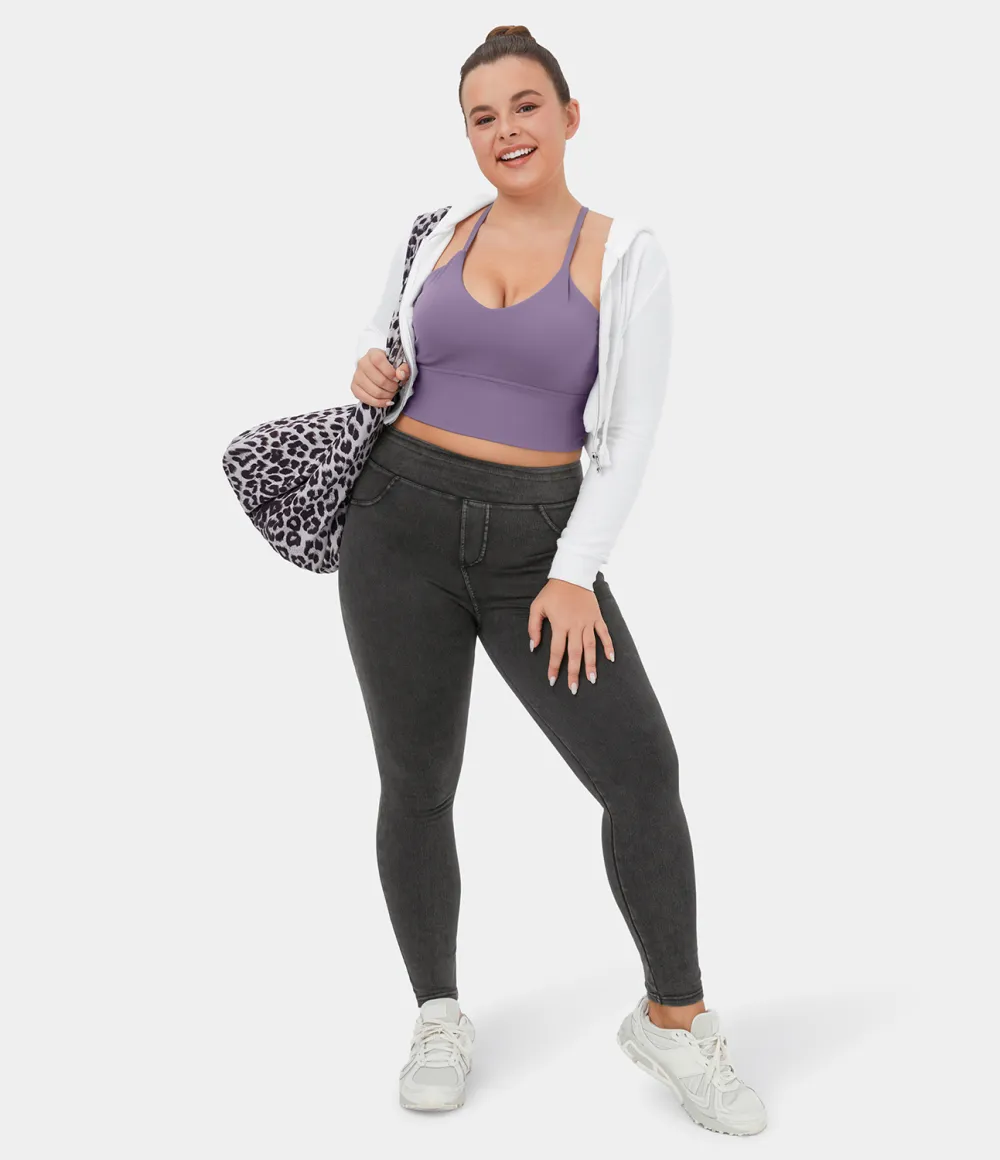 Magic High Waisted Back Side Pocket Stretchy Knit Denim Plus Size Casual Leggings