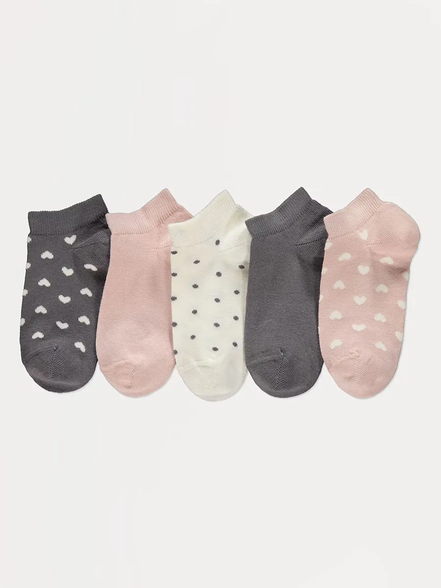 Heart Polka Dot Trainer Liner Cotton Rich Socks 5 Pack