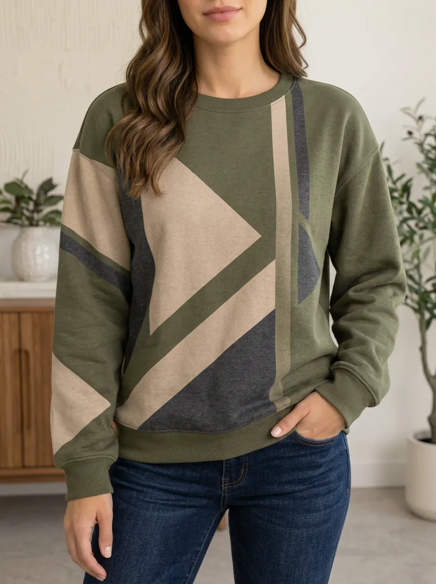 Women's Olive Geometric Colorblock Crewneck Sweatshirt Crew Neck