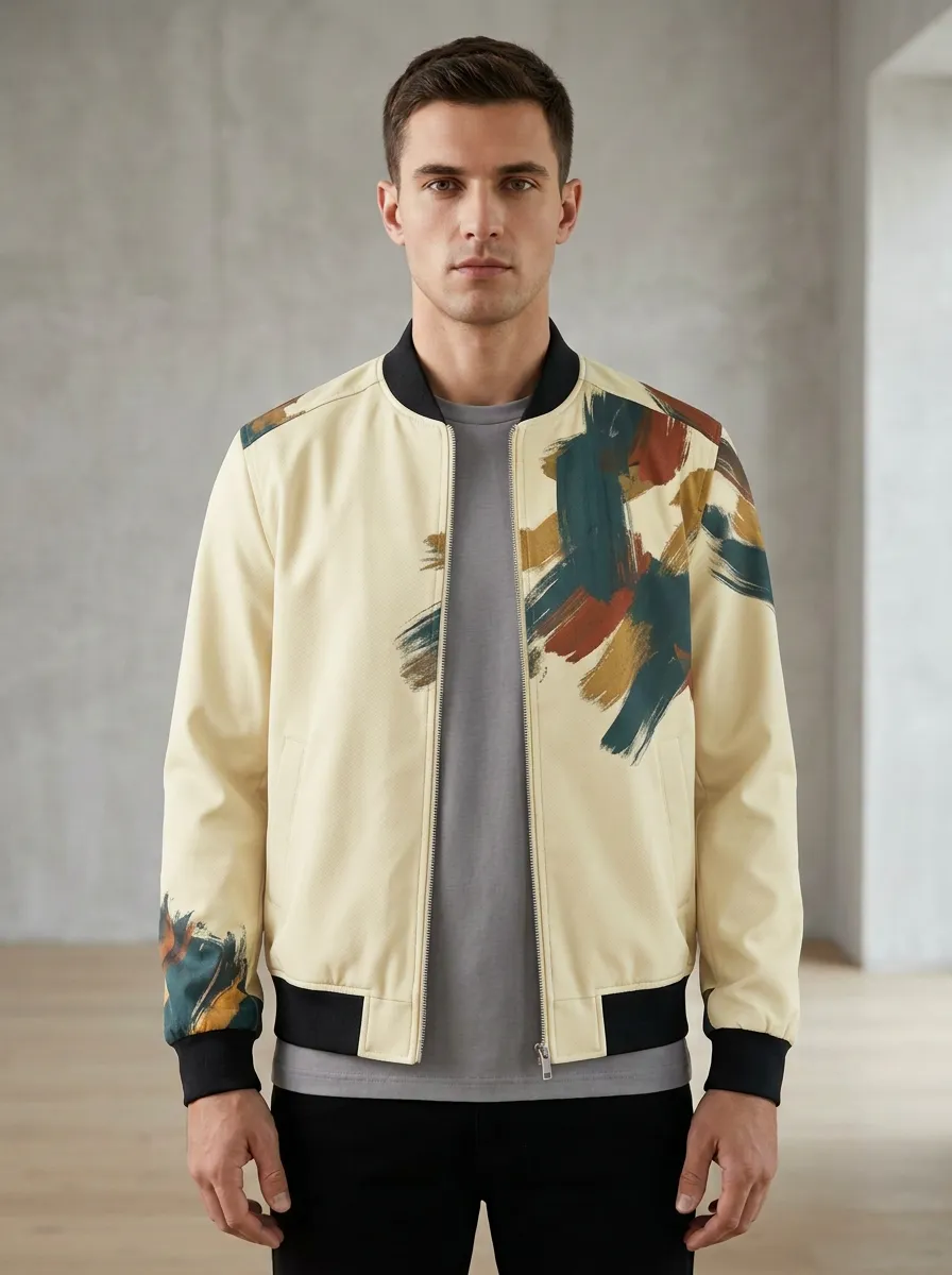 Brushstroke Print Sleeve Detail Bomber Jacket