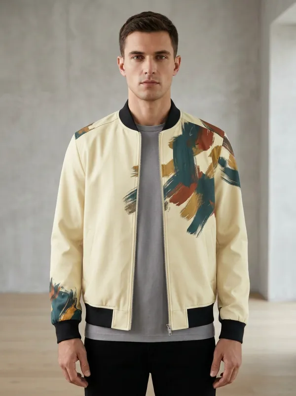 Brushstroke Print Sleeve Detail Bomber Jacket