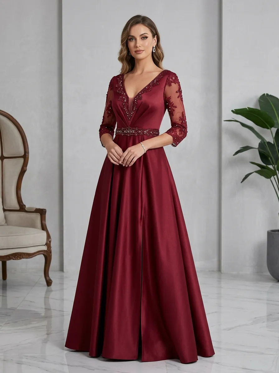 Women's V-Neck Beaded Lace Sleeve Satin Evening Gown